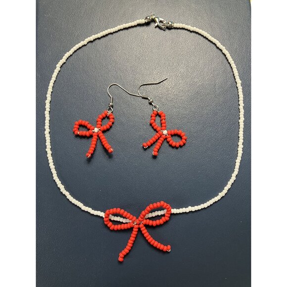 Dainty Beaded Red and White Bow Necklace and Dangle Earring Set - Picture 2 of 6
